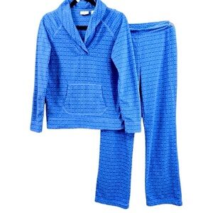 LL Bean Blue Fleece Athleisure Lounge Set Long Sleeve & Pull On Pants DotPaisley